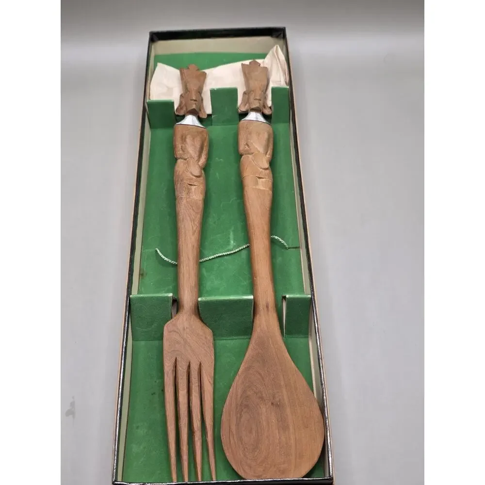 Rare Vintage African Carved Wood Salad Set Tribal art sculptures Kenya Figures